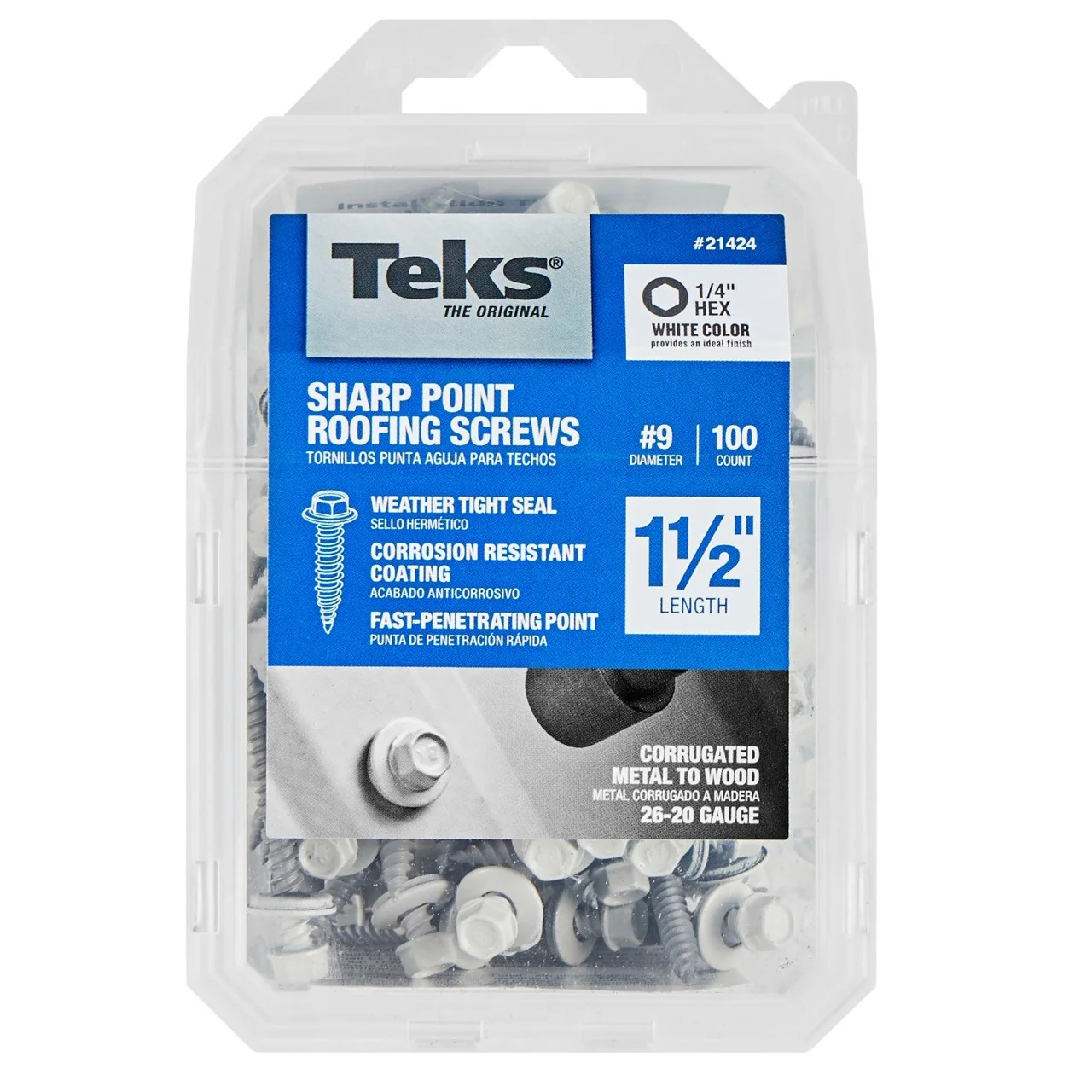 Teks 21424 #9 x 1-1/2" HEX WASHER HEAD SHARP PT METAL-TO-WOOD WHITE ROOFING SCREWS 100CT