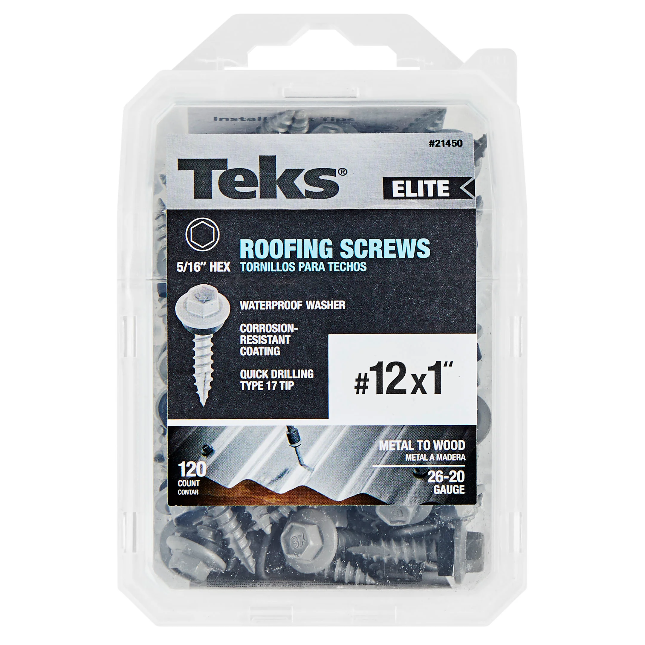 Teks 21450 #12 x 1” HEX WASHER HEAD SHARP PT METAL-TO-WOOD ELITE ROOFING SCREWS 120C