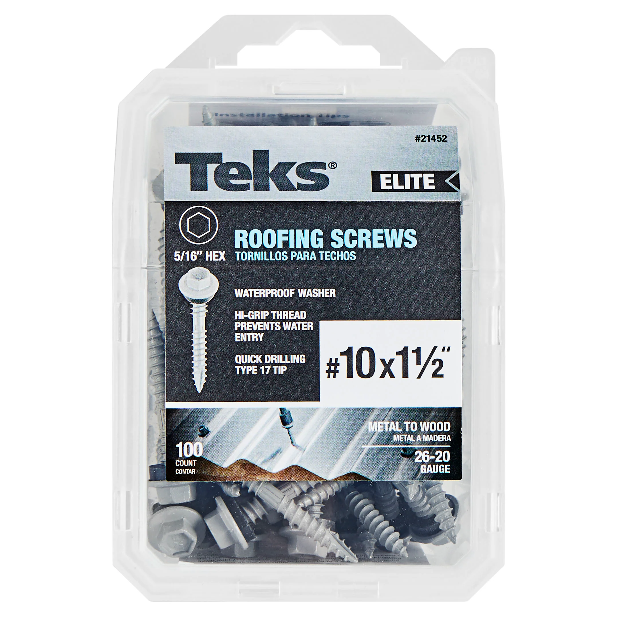 Teks 21452 #10 x 1-1/2” HEX WASHER HEAD SHARP PT METAL-TO-WOOD ELITE ROOFING SCREWS 100CT