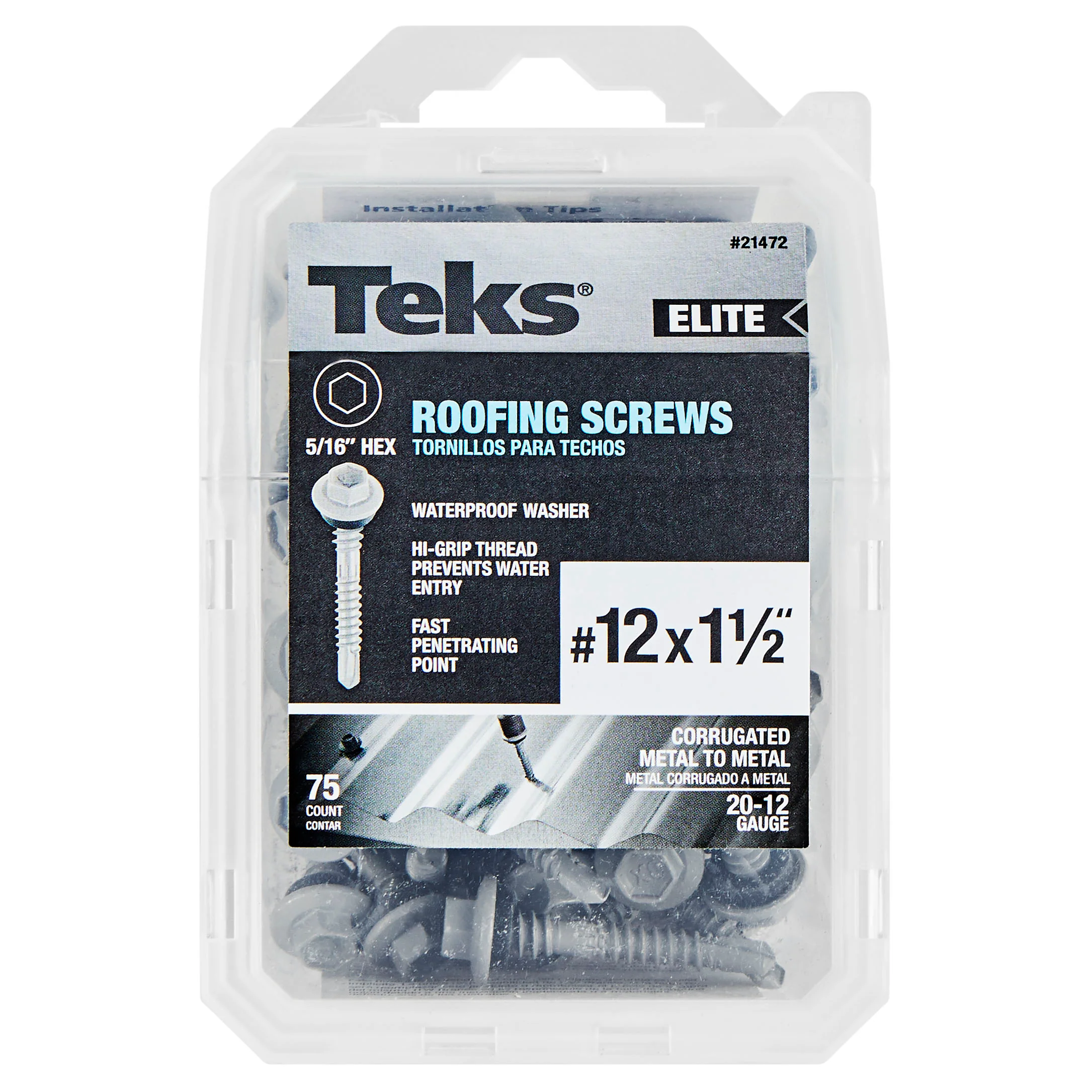 Teks 21472 #12 x 1-1/2” HEX WASHER HEAD DRILL PT METAL-TO-WOOD ELITE ROOFING SCREWS 75CT