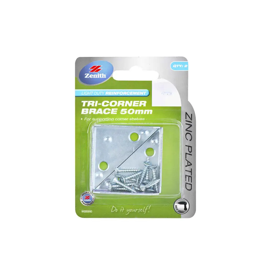Zenith Tri Corner Brace Zinc Plated 50 x 15mm - 2 Pack