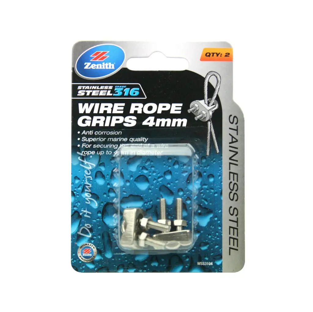 Zenith Wire Rope Grips 316 Stainless Steel 4mm - 2 Pack
