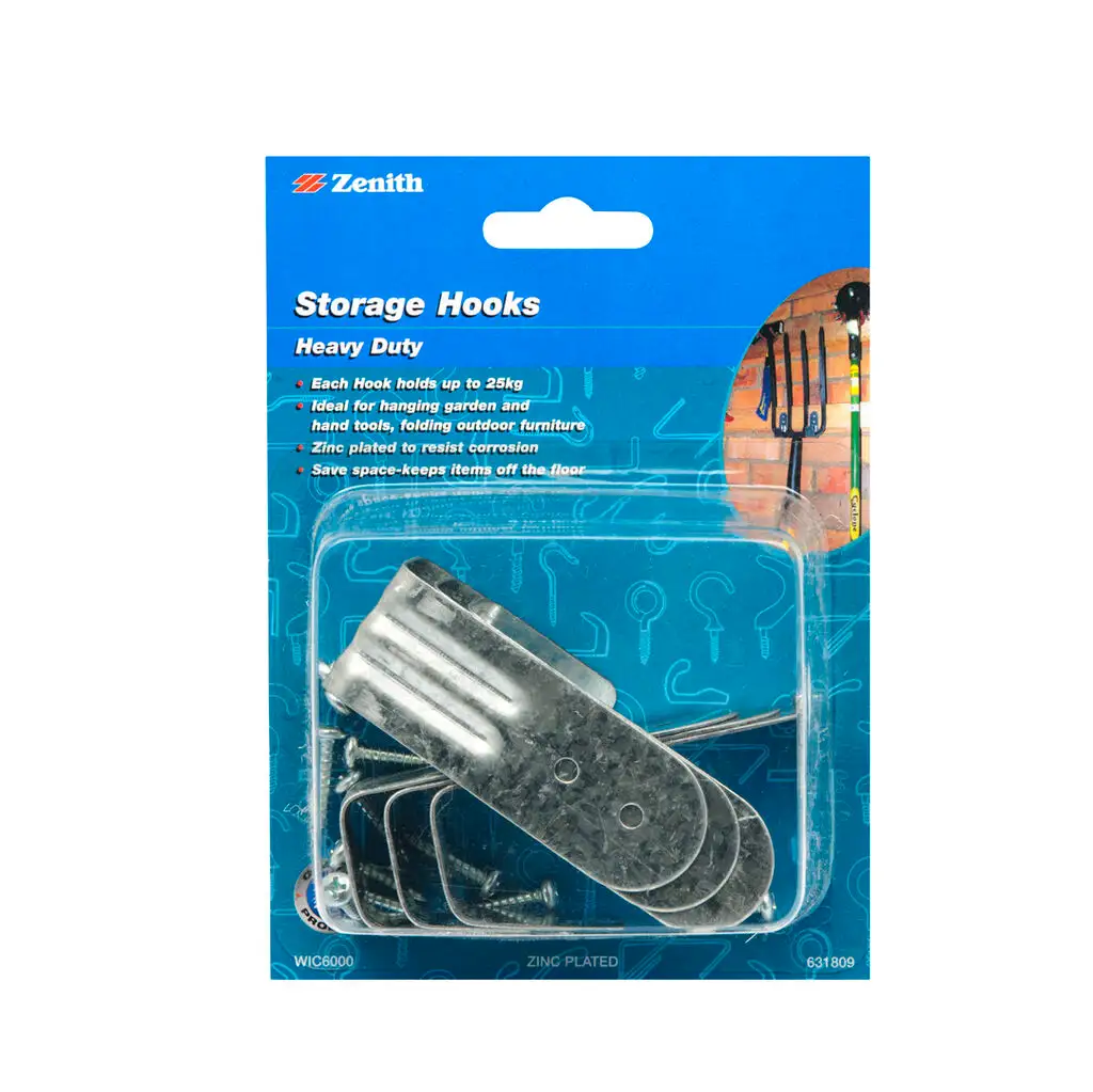 Zenith Tool Storage Hooks Heavy Duty Zinc Plated 25kg - 6 Pack