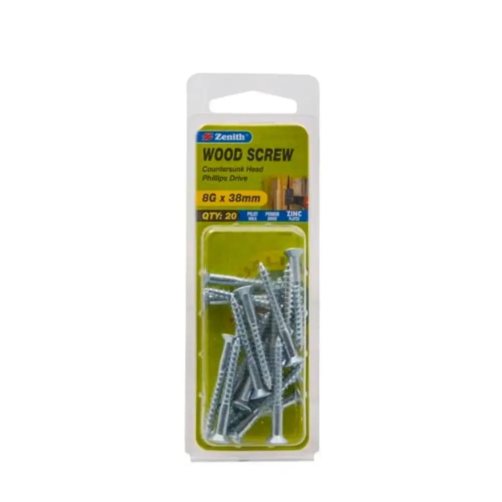 Zenith Wood Screw Countersunk Head Phillips Drive 8G x 38mm - 20 Pack
