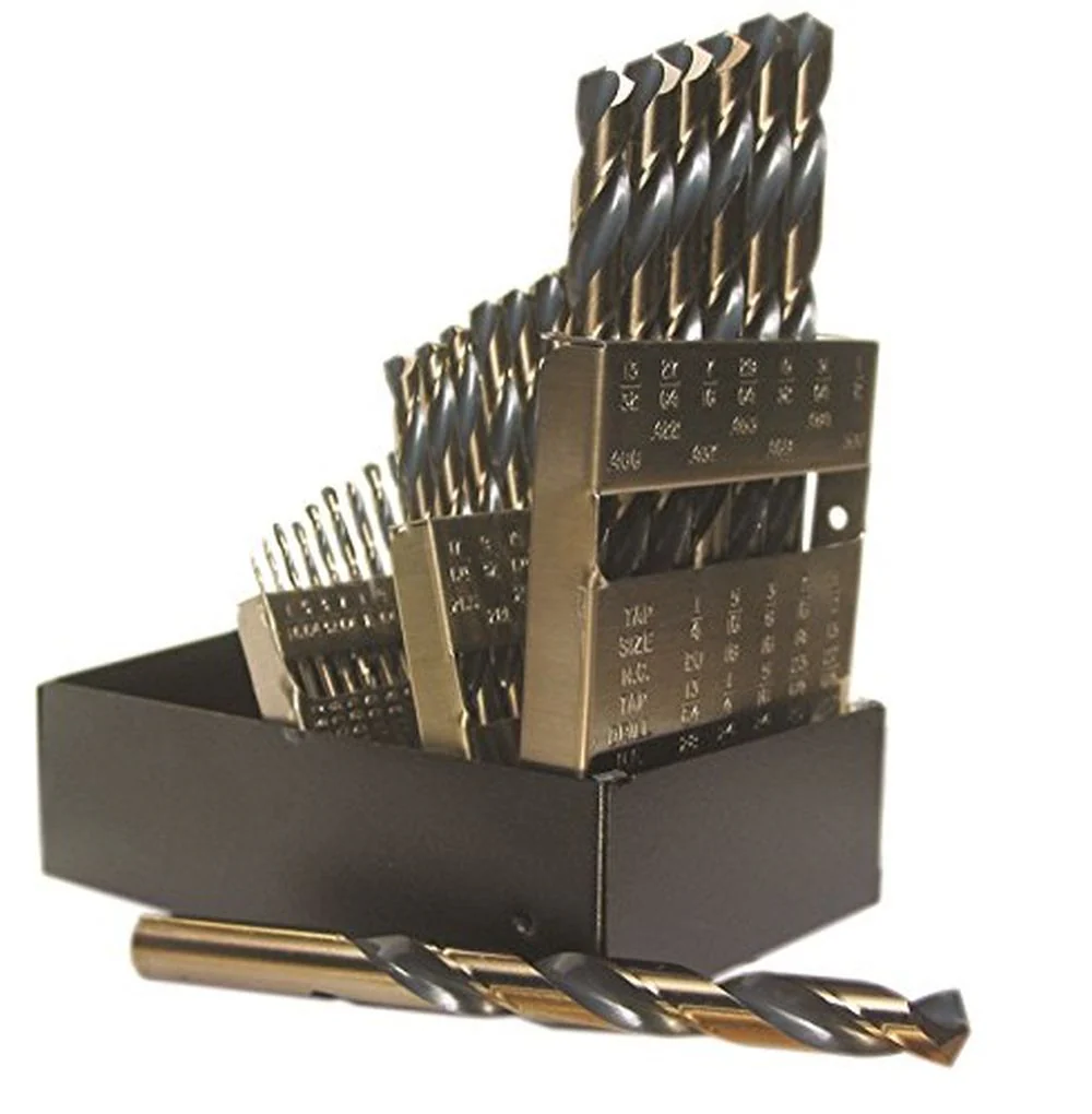 Viking Drill and Tool 44150 Gold Oxide High Speed Steel 135-Degree Split Point 3/8 in. Reduced Shank Jobber Length Steel Standard Twist Drill Bit, 29 Piece Set