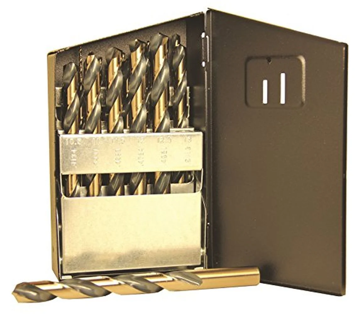 Viking Drill and Tool 58660 135-Degree Split Point 3/8 in. Reduced Shank Jobber Length Gold Oxide Hi-Molybdenum Steel Standard Twist Drill Bit, 25 Piece Set