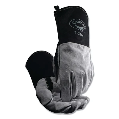 Caiman 15043 1504 Cow Split Flame Resistant Cotton Cuff MIG/Stick Welding GlovesLargeBlack/Gray4 in Gauntlet Cuff