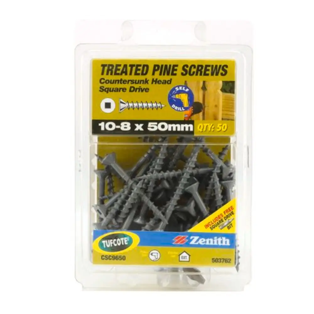 Zenith Treated Pine Screws Tufcote Square Drive 10-8 x 50mm - 50 Pack