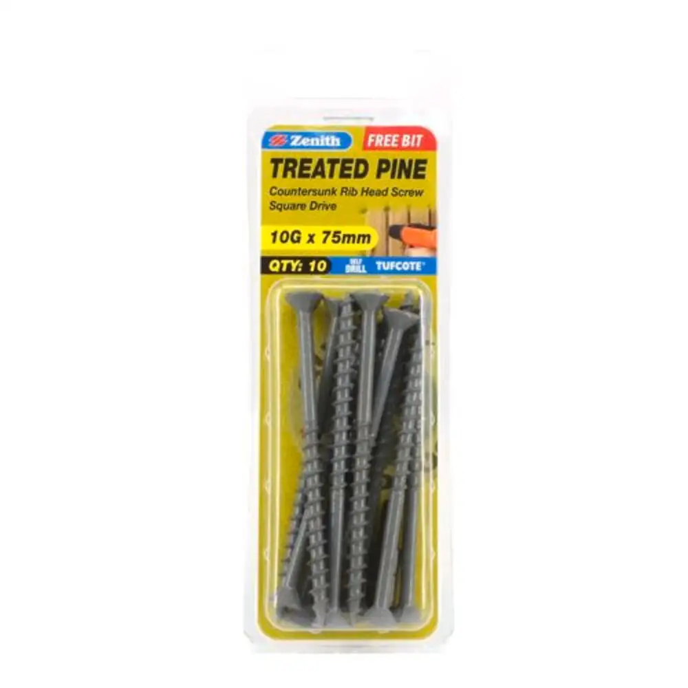 Zenith Treated Pine Screw with Tufcote Countersunk Rib Head Square Drive 10G x 75mm - 10 Pack