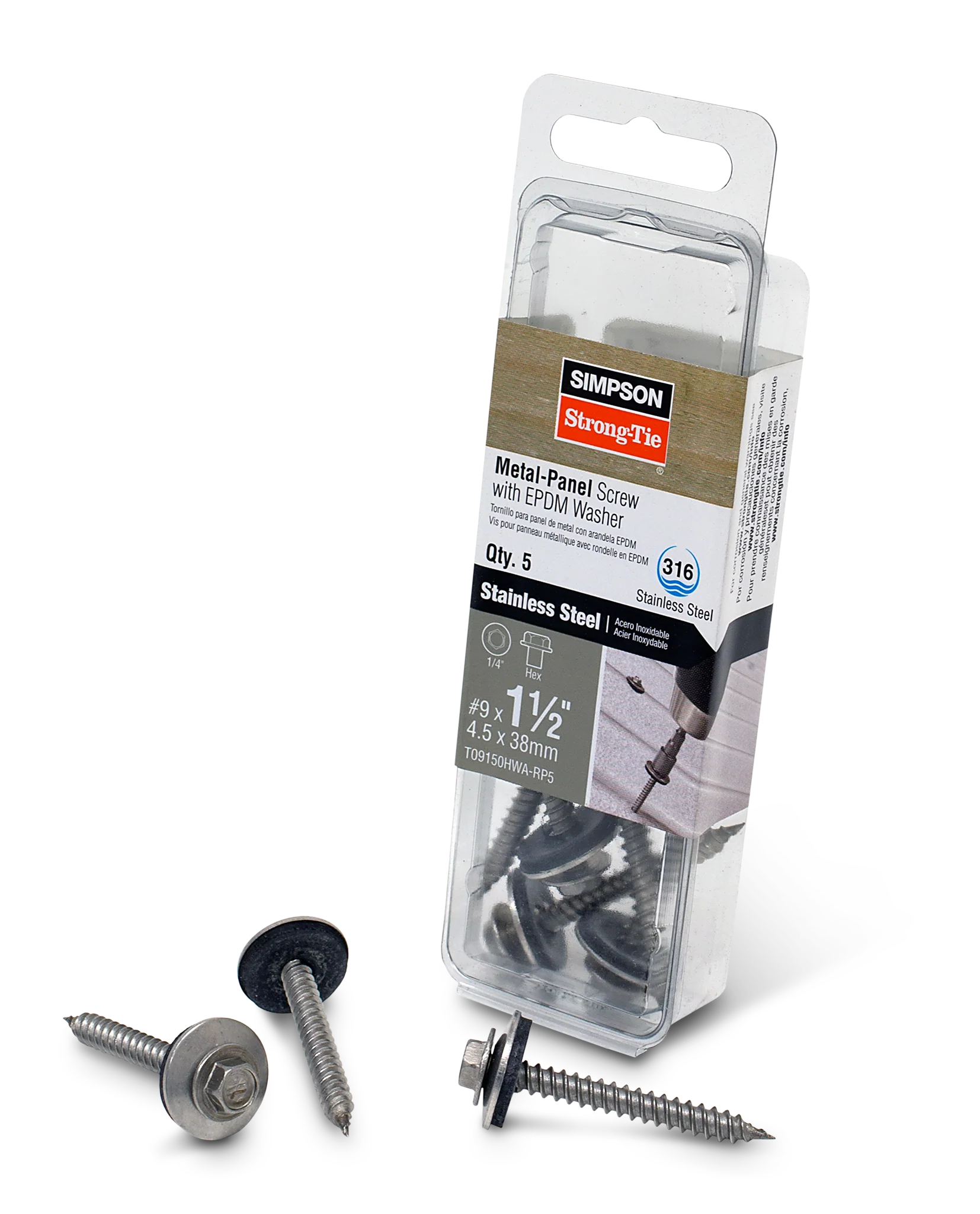 Simpson T09150HWA-RP5 Metal-Panel Screw with EPDM Washer — #9 x 1-1/2 in. Hex Head, Type 316 (5-Qty)