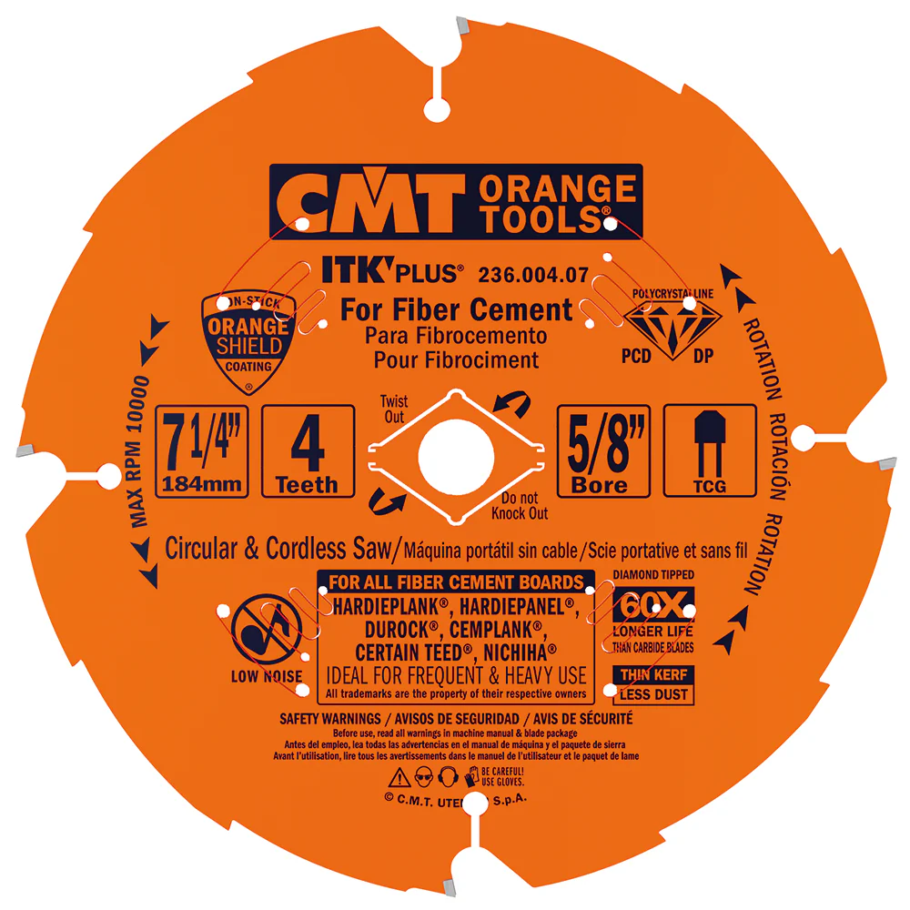 CMT 236.004.07 ITK PLUS Diamond Saw Blade for Fiber Cement Products, 7-1/4-Inch x 4 Trapezoidal Teeth with 5/8-InchBore, PTFE Coating