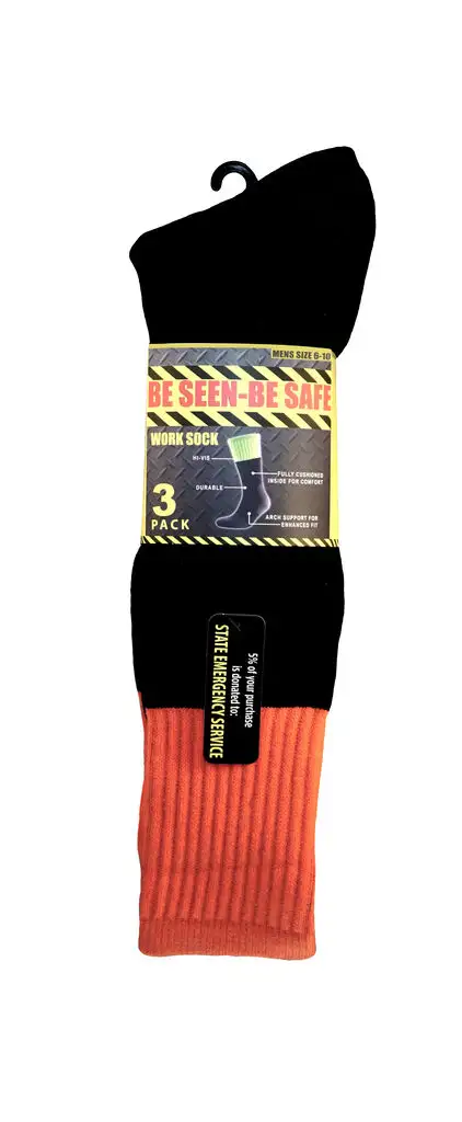 Be Seen-Be Safe Work Socks Black/Fluro Orange 3 Pack