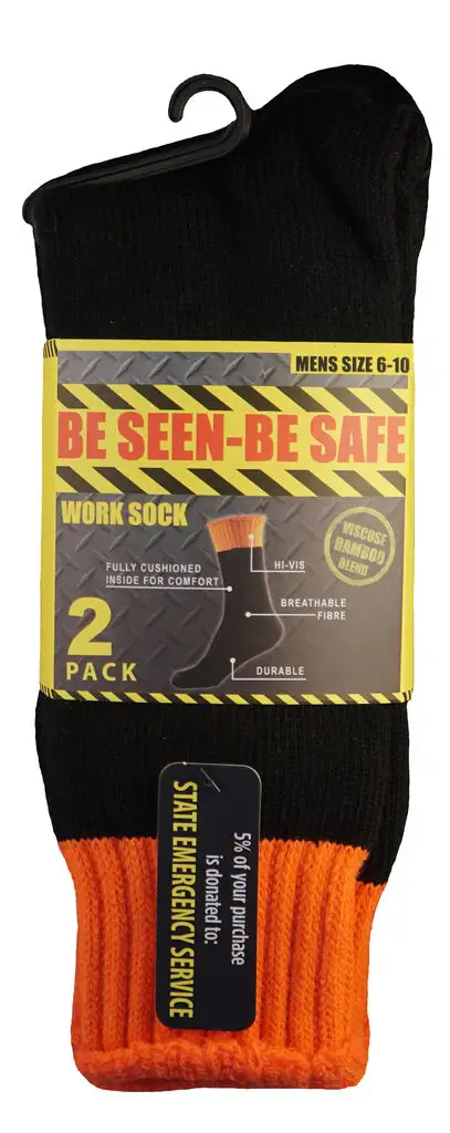 Be Seen-Be Safe Work Socks Black/Fluro Orange 2 Pack