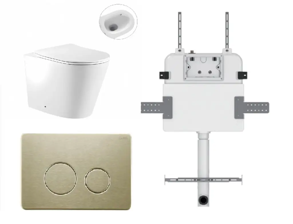 Zumi Pan Zero with Round Stainless Steel Flush Plate & Cistern Brushed Gold