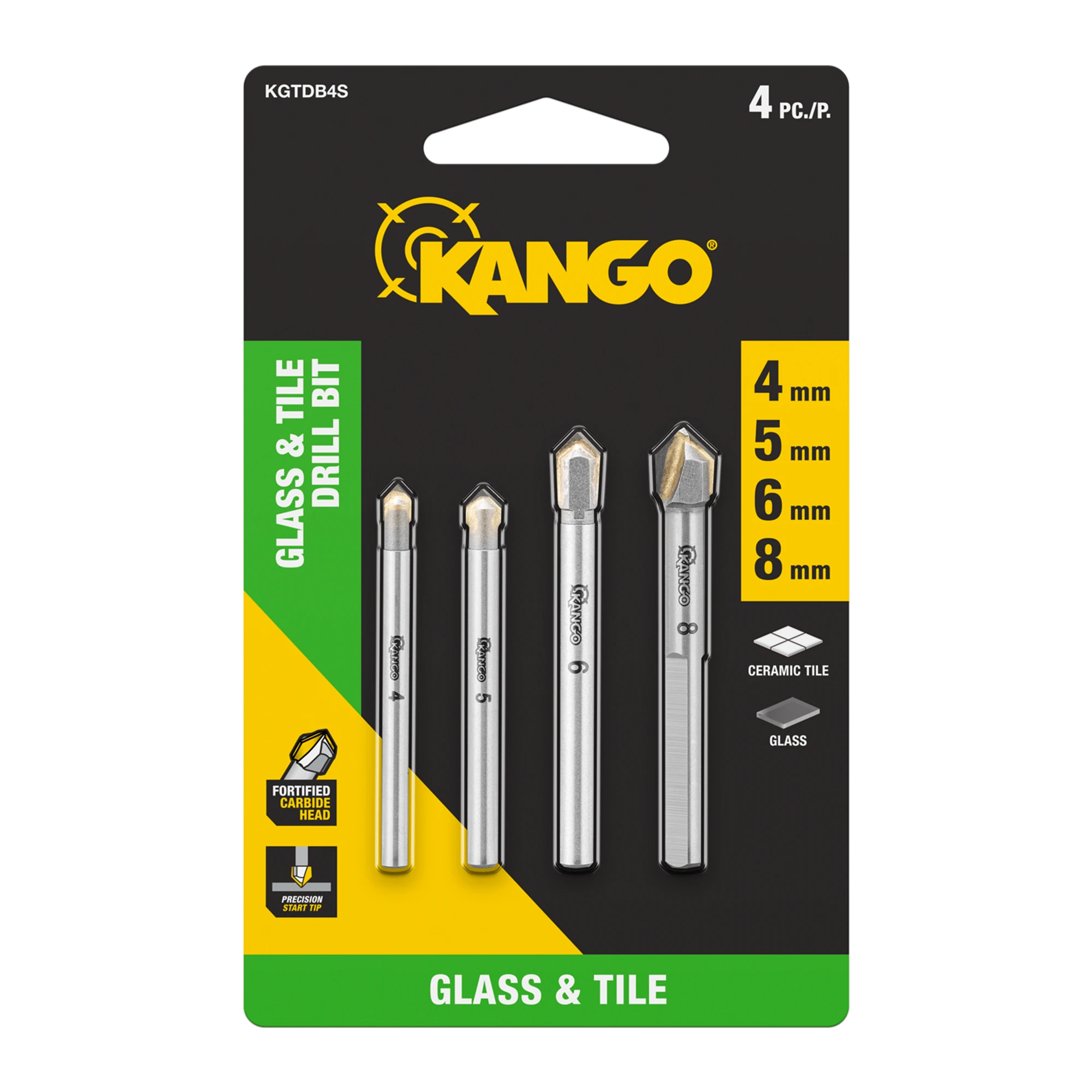 4pc Glass & Tile Drill Bit Set (4mm,5mm,6mm,8mm)