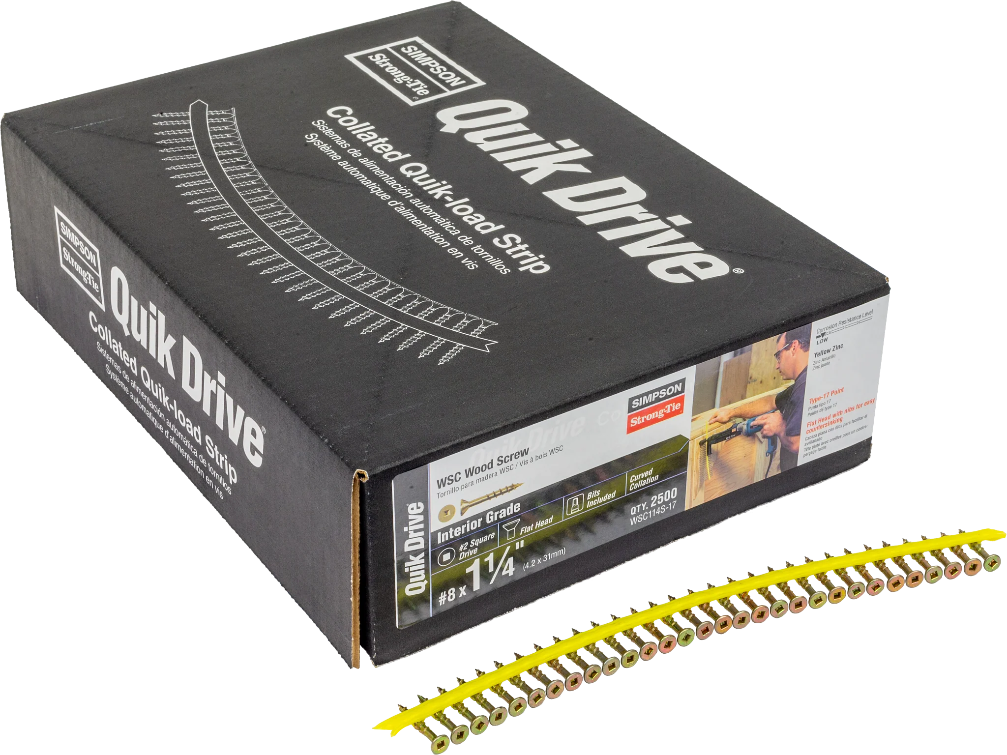 Simpson WSC114S-17 WSC Wood Screw (Collated) — #8 x 1-1/4 in. #2 Square, Flat Head, Yellow Zinc (2500-Qty)