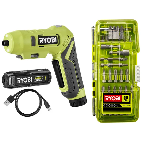 Ryobi 4v USB Lithium Pivoting Screwdriver 55-Piece Starter Set (1 x 2.0Ah)