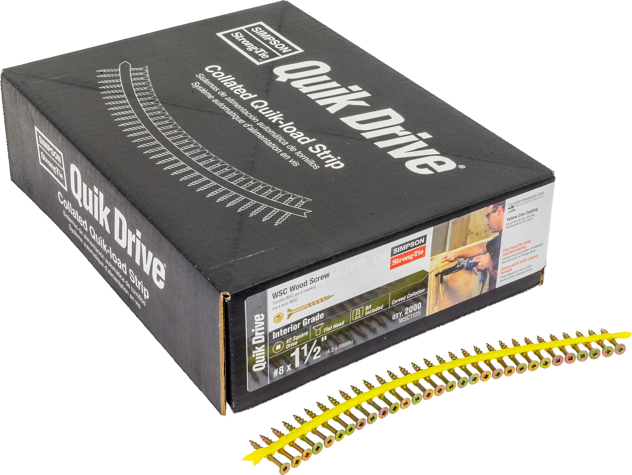 Simpson WSC112S WSC Wood Screw (Collated) — #8 x 1-1/2 in. #2 Square, Flat Head, Yellow Zinc (2000-Qty)